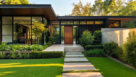 a walkway leads to a modern house with a green lawn