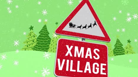 Animation-of-road-sign-with-santa-claus-in-sleigh-with-reindeer-over-snow-falling