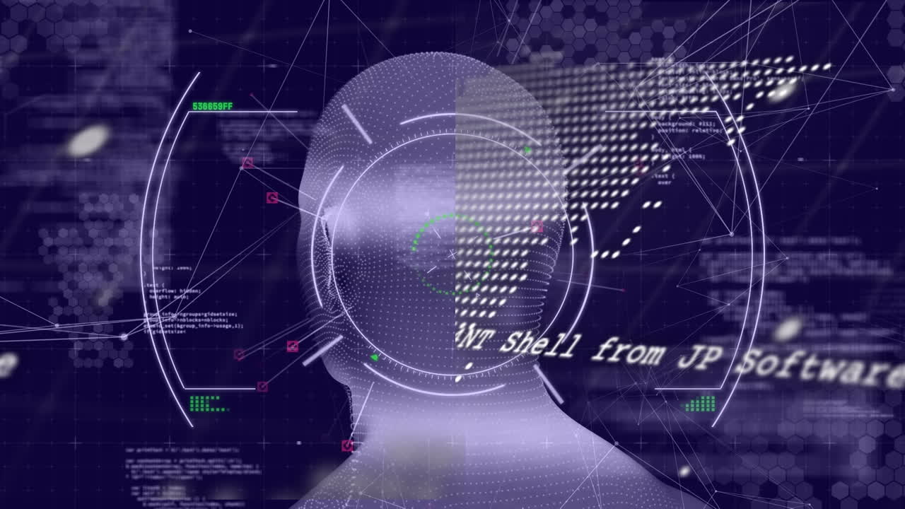 인간 머리 모델 위의 스캔 스코핑의 애니메이션