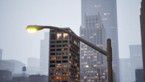 city street scene at twilight with fog