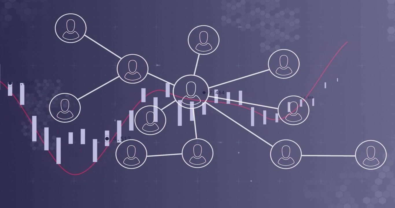 Candlestick chart showing trend line, nodes forming into user icons then retracting