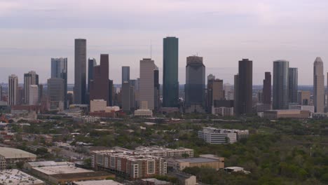 Moving-to-the-left-drone-shot-of-downtown-Houston,-Texas-cityscape