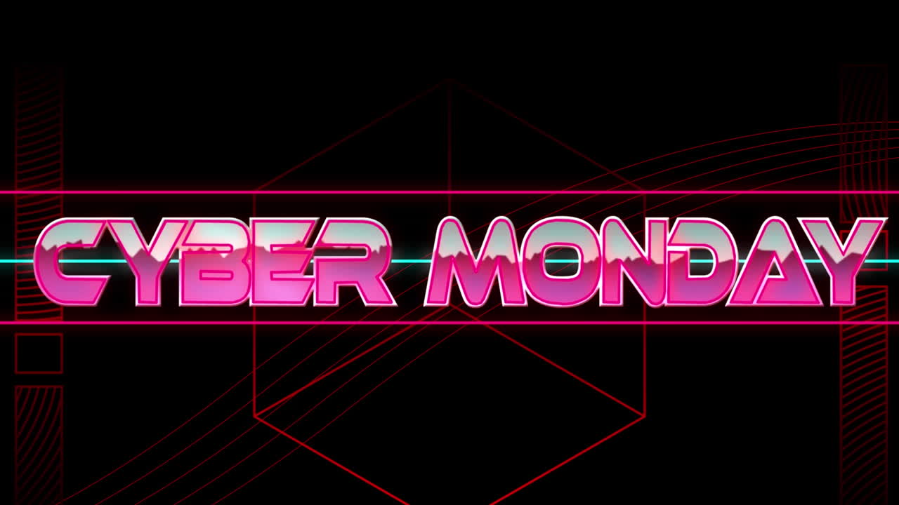 animación del texto de cyber monday sobre formas geométricas rojas sobre fondo negro