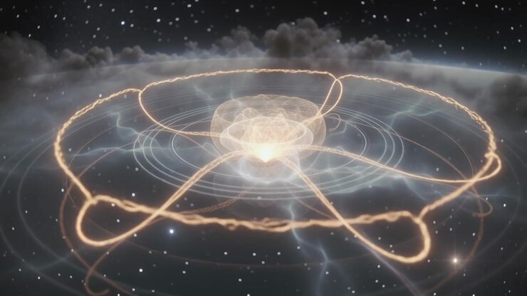 Emissione di luce, nucleo luminoso che lancia scie sopra il bordo del pianeta, creando un toro stratificato e anelli