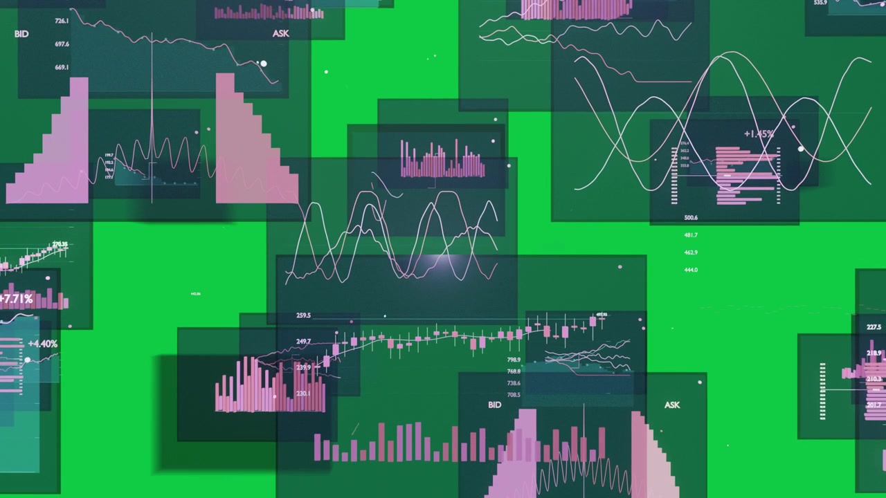 Al cargar, paneles de datos deslizándose y apilándose, dibujando ondas y llenando barras, mostrando tendencias sobre un fondo transparente.