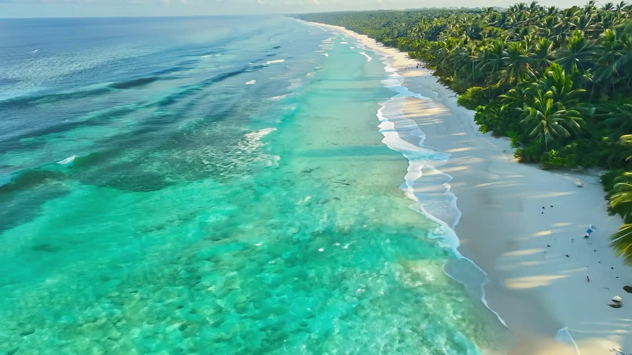Vista aerea di una spiaggia tropicale con palme e acque turchesi