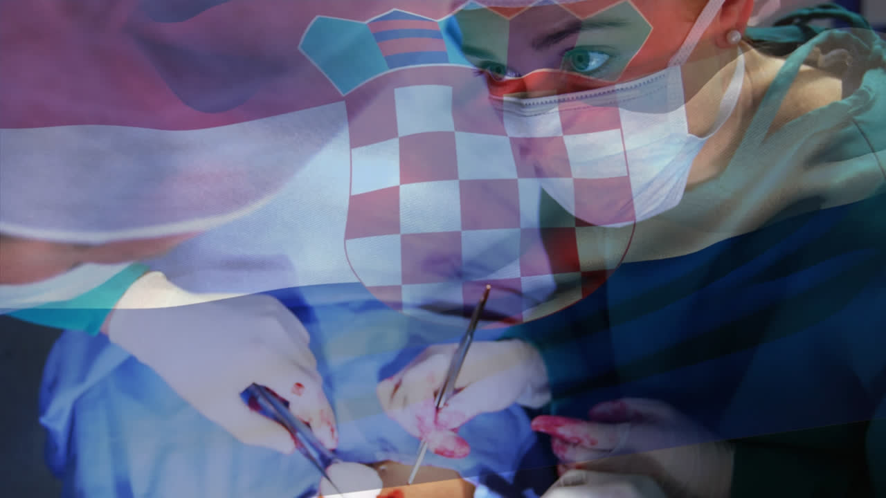 수술실에서 외과 의사 들 위 에 크로아티아 의  ⁇ 발 이 흔들리는 애니메이션