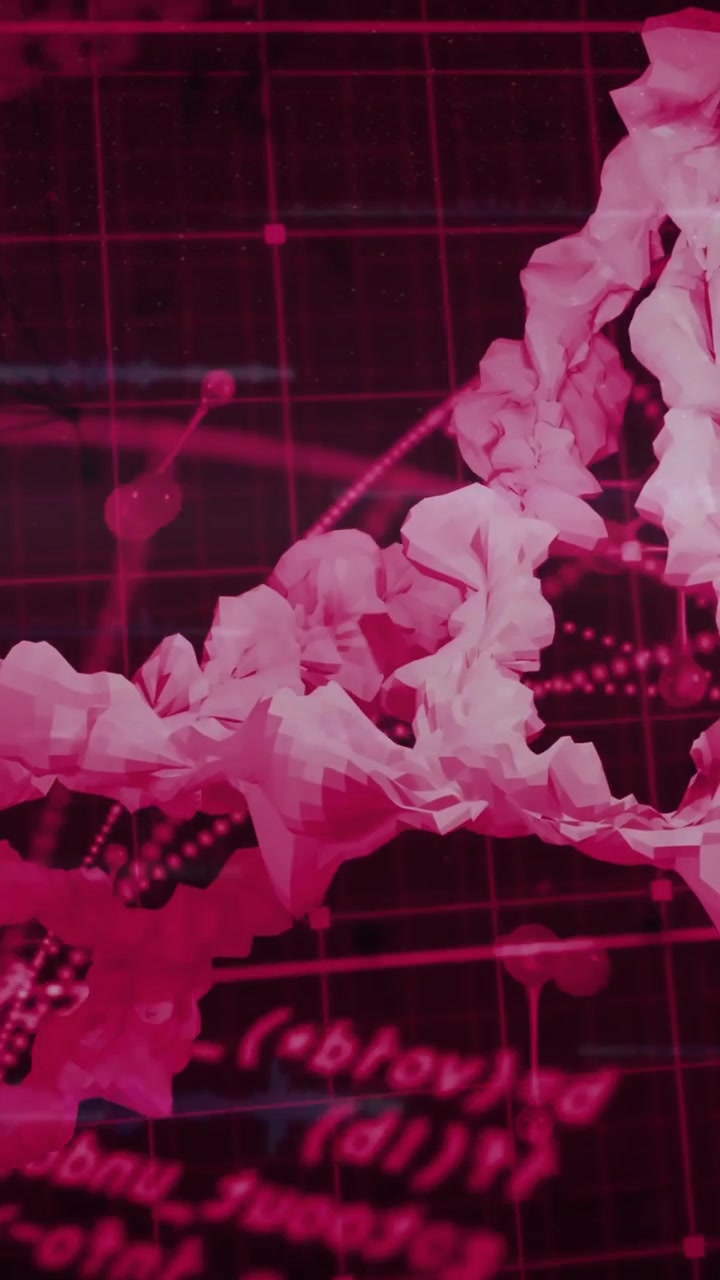 Animazione di filamento di DNA ed elaborazione dati scientifici su sfondo rosso