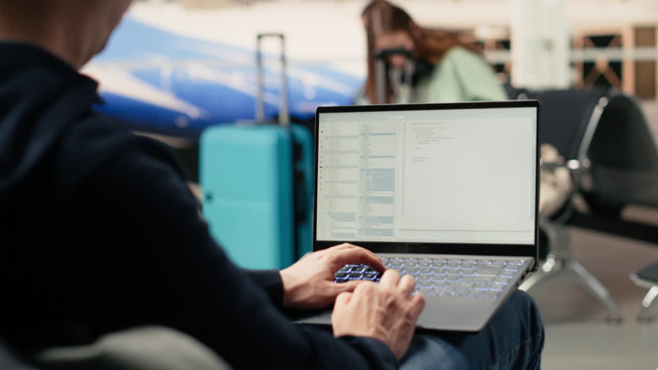 Man Typing Code on Laptop in Airport Waiting Area