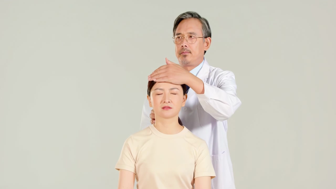高齢の男性理学療法士が、若い患者の肩、背中、首、脊椎の治療のため、診察とマッサージ理学療法、ストレッチングを行っています。