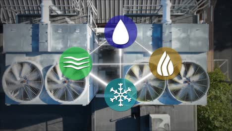 Overhead-view-of-an-industrial-HVAC-system-with-icons-representing-air,-water,-fire,-and-cold,-symbolizing-the-integration-of-multiple-utilities