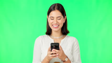 Happy-woman,-smartphone-and-typing-on-green