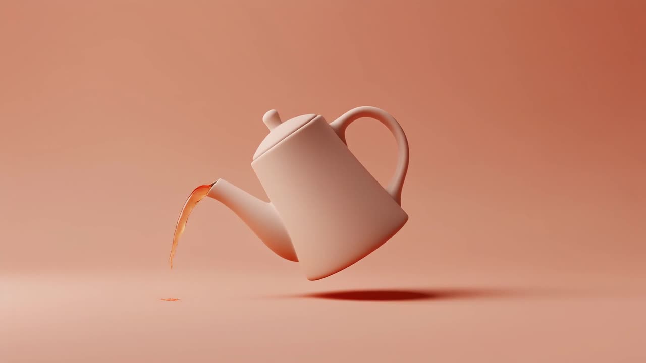 Minimalist Pink Teapot Pouring Tea on a Pink Background