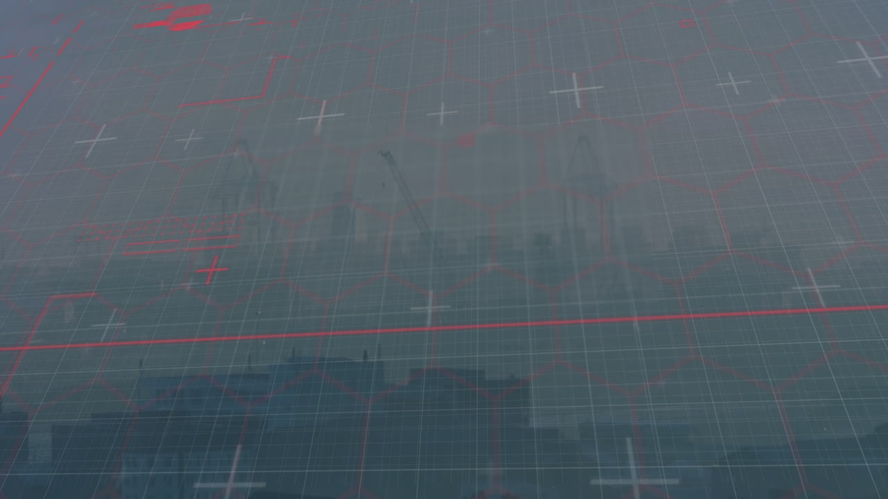 Animation of grid pattern with red lines over construction site background