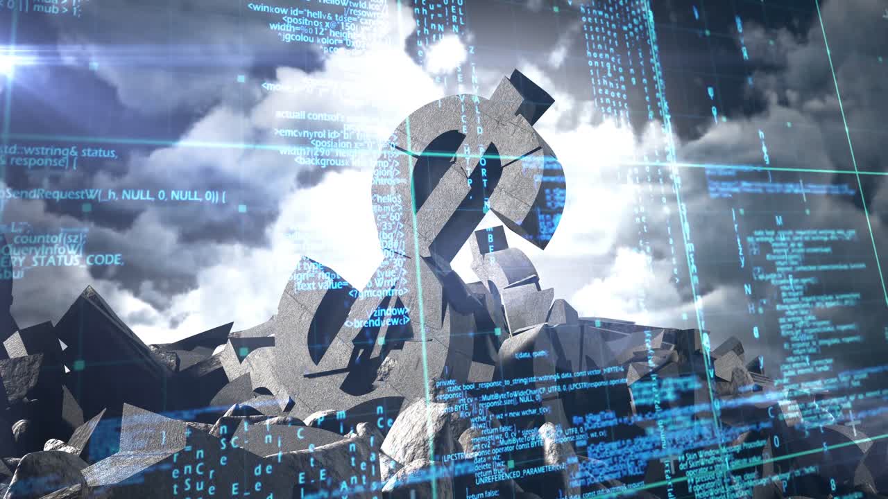 미래 지향적 인 디지털 스크린 에 대항 하여 붕괴 된 달러 기호