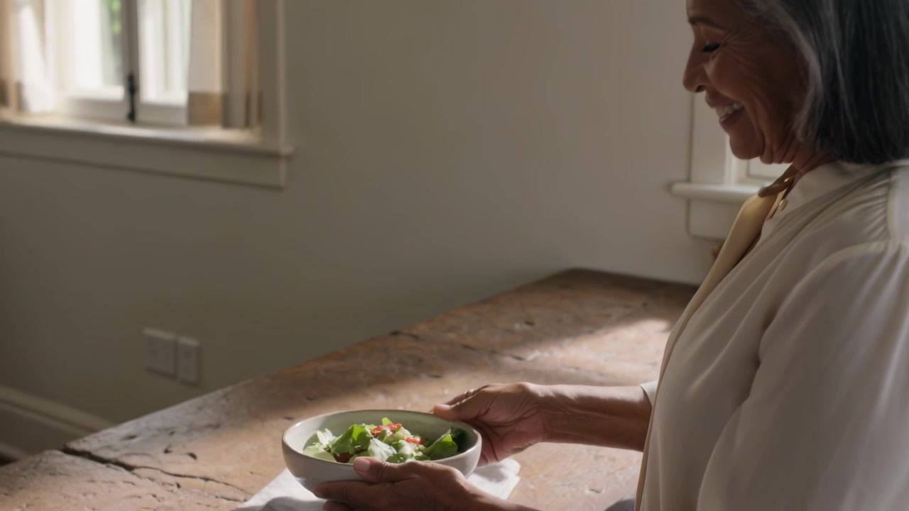 Smiling older woman in light blouse holding salad bowl, placing on kitchen counter for partner