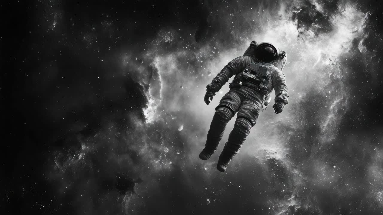A black and white video still of an astronaut floating in space, captured from a low angle