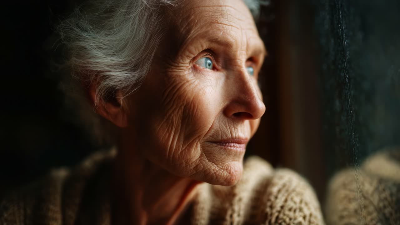 A contemplative elderly woman gazes thoughtfully out the window on a rainy day, showcasing her expressive features, deep-set eyes, and the quiet beauty of aging