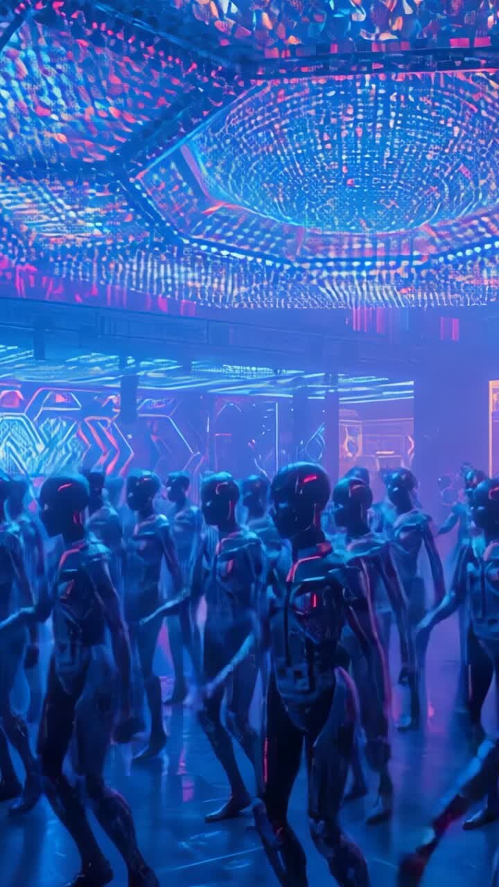 Vertical video: Humanoid androids marching in hall with sequence starting, under LED array