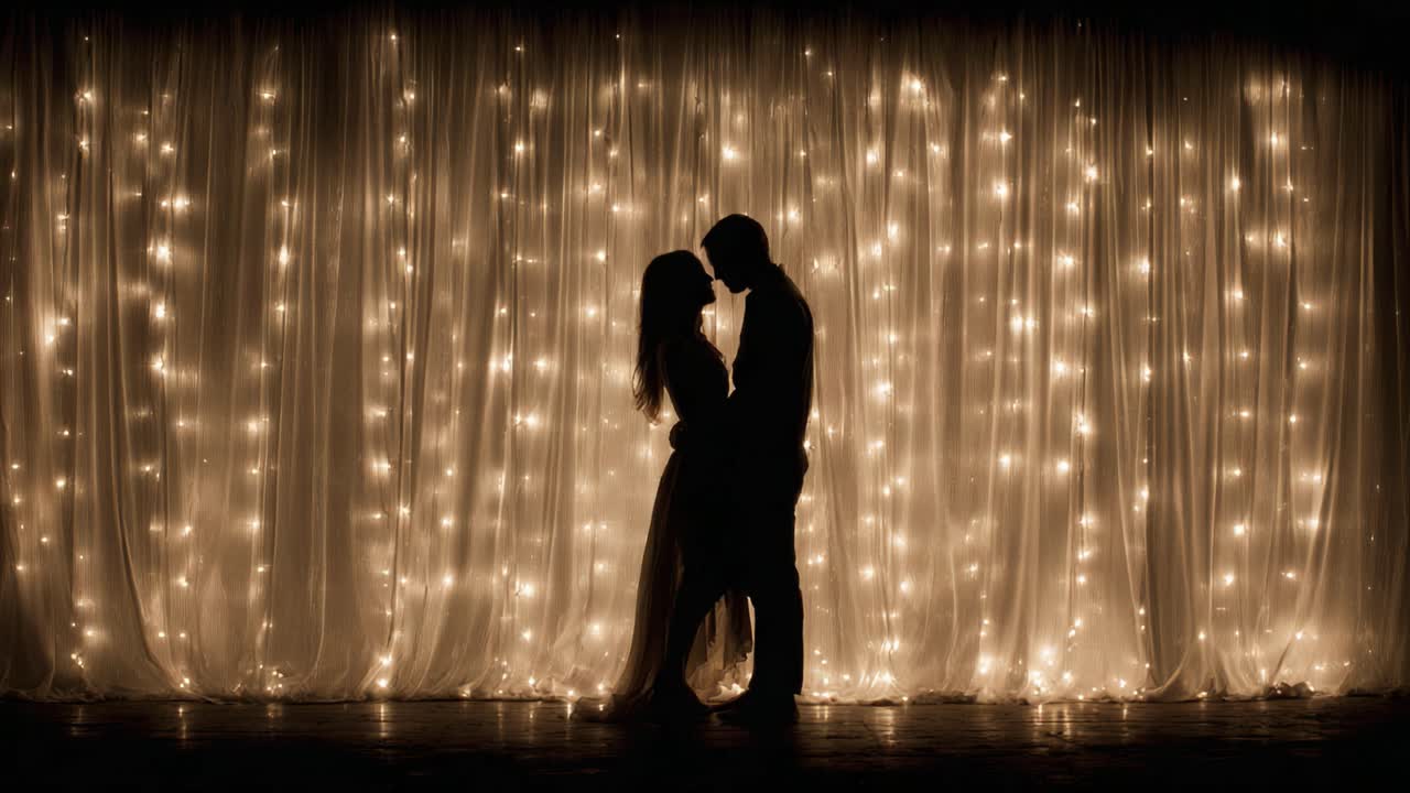 A Romantic Silhouette Moment: A Couple Embracing in Front of a Sparkling Backdrop of Warm Lights, Capturing the Essence of Love and Togetherness
