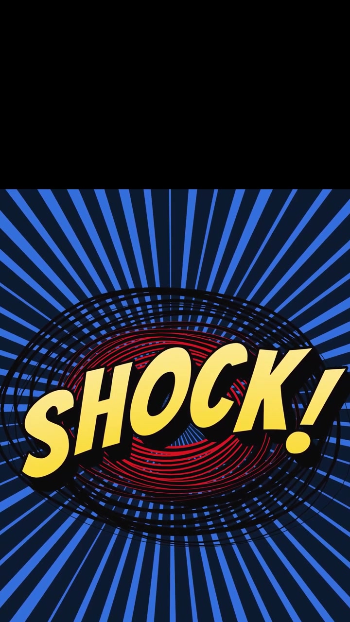 Comic book style shock text on rotating blue radial background with black copy space at top, seamless loop, vertical format