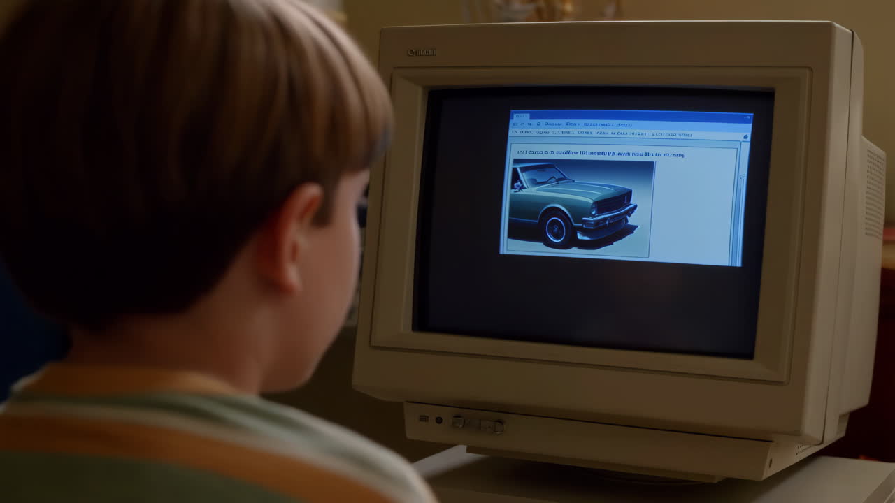 Young Boy Looking at a Vintage Car Image on an Old CRT Computer Monitor