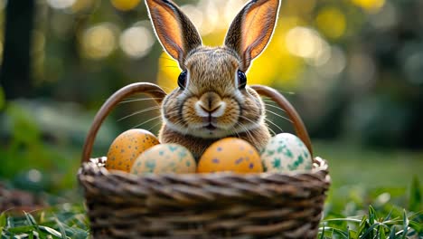 bunny holds a basket full of colorful eggs in a sunny garden