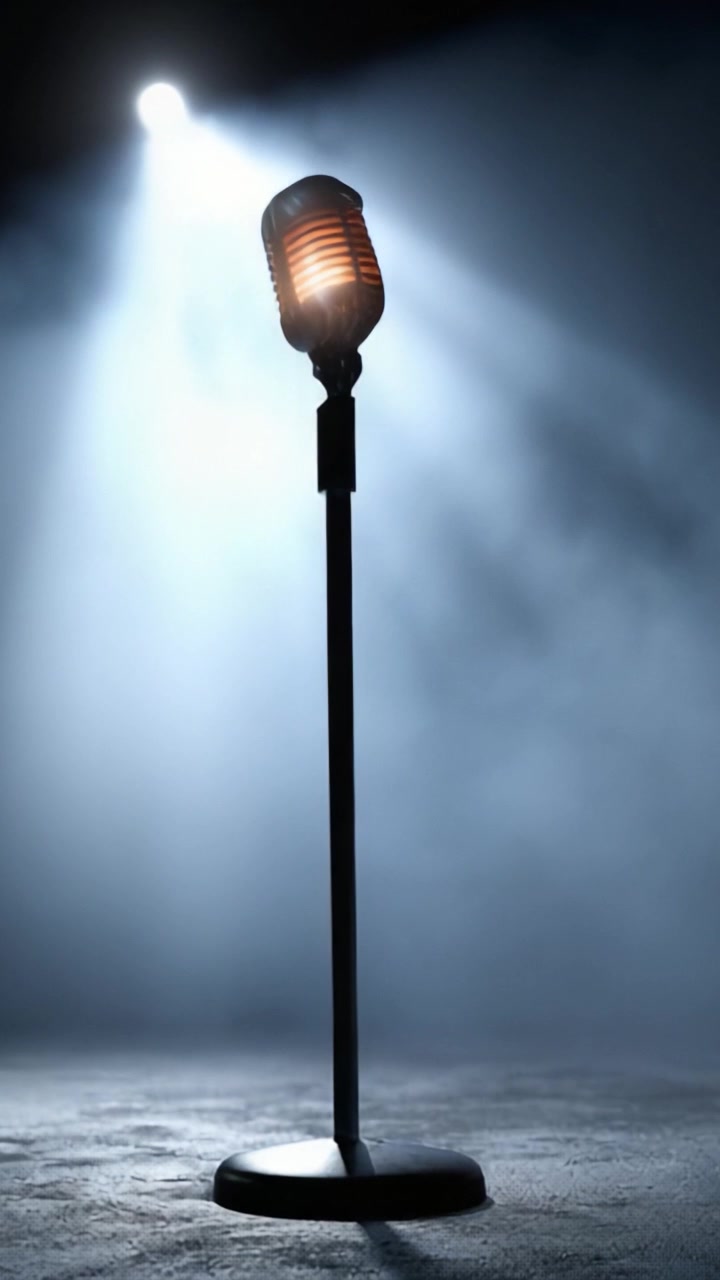 A Vintage Microphone Standing Alone in Spotlight, Capturing the Essence of Music and Performance in a Dimly Lit Atmosphere, Evoking an Intimate Stage Experience