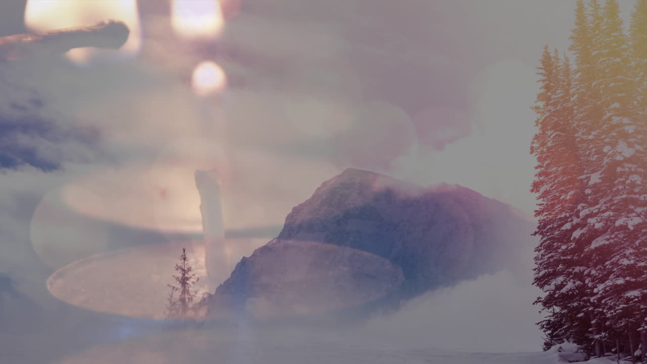 산의 풍경과 나무의 불 애니메이션