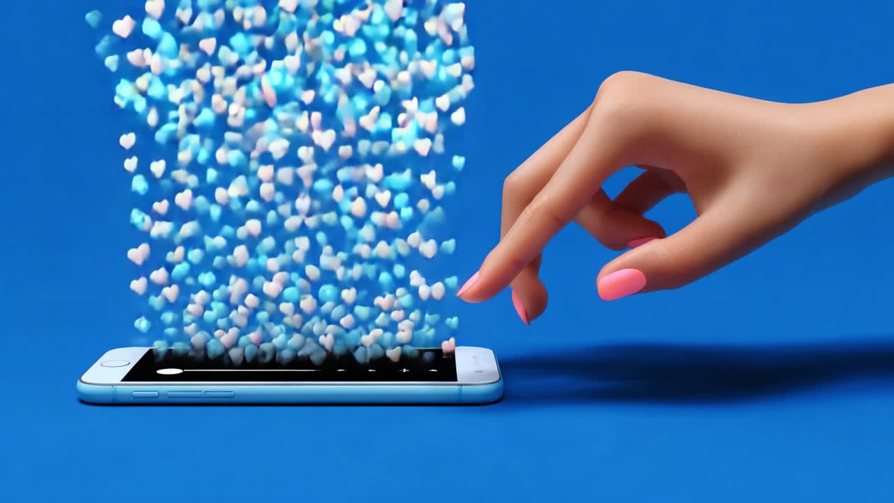 A Hand Reaching Towards a Smartphone with Floating Hearts: A Playful Representation of Digital Connection and Modern Communication in a Bright Blue Environment