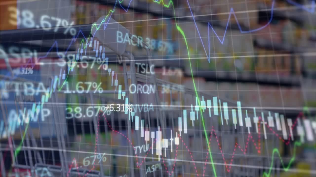 Capas de datos que empiezan en el feed sobre el carrito, gráficos que suben y bajan, se difuminan, mostrando datos de mercado