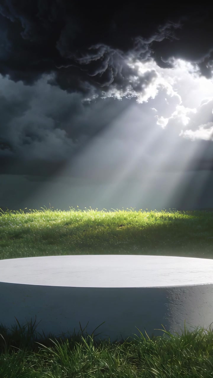 Vertikales Video: Sich verschiebende Sturmwolken senden Sonnenstrahlen durch Lücken über grasbewachsenem Feld, weißes Podium.