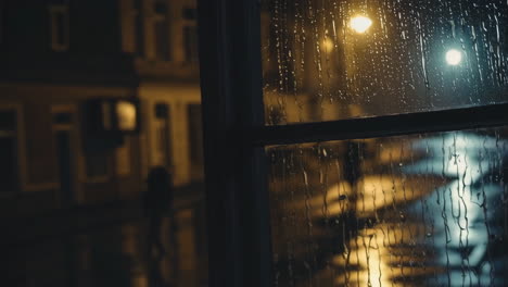 rainy night cityscape through a window