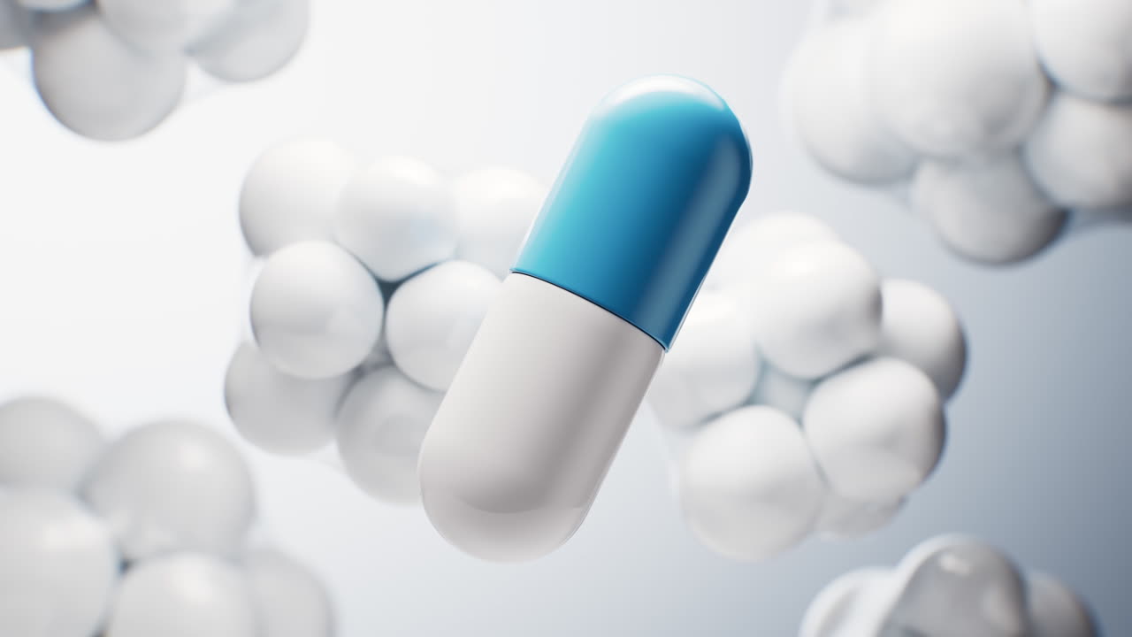 Medical capsule and molecules, 3d rendering