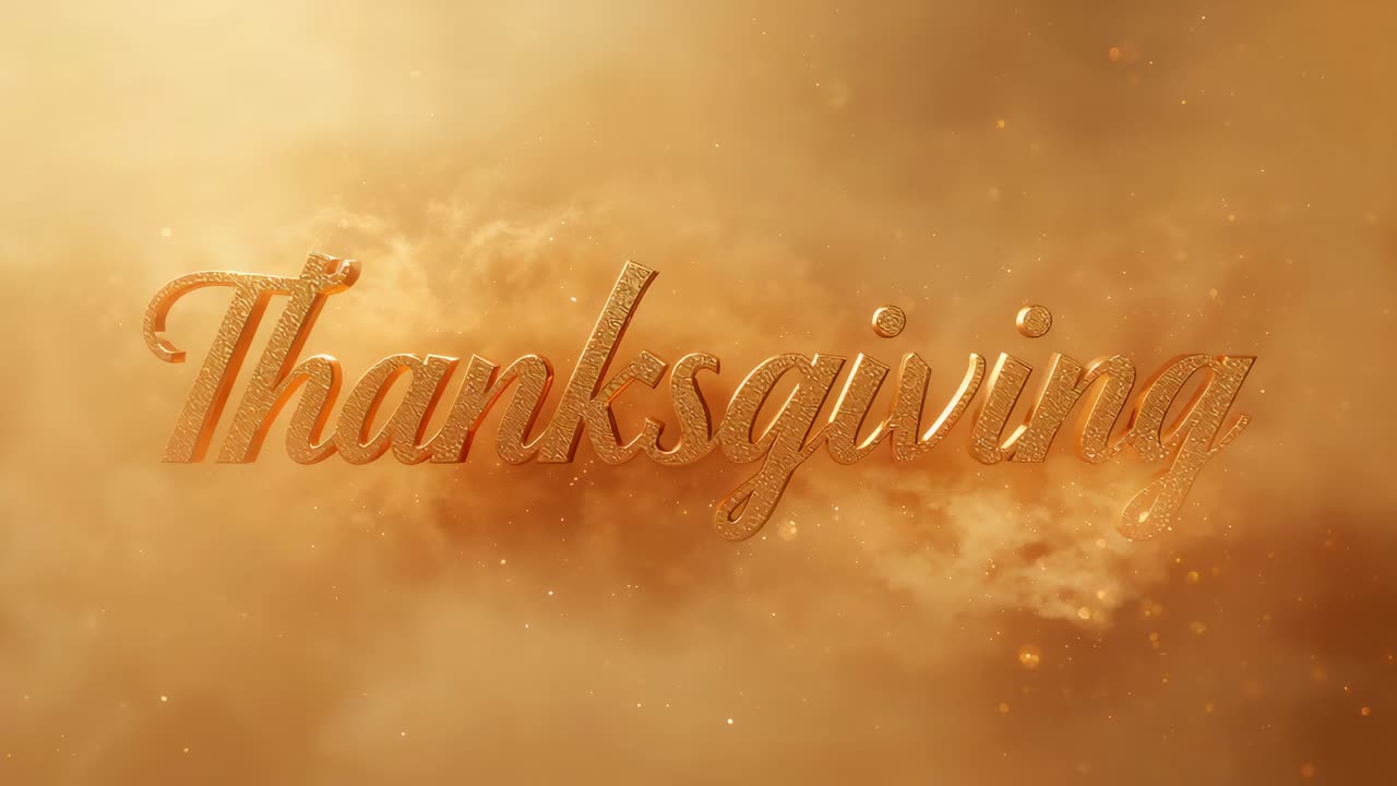 Glinting 3D Thanksgiving script text reflecting rising upperleft light in fog, revealing embers