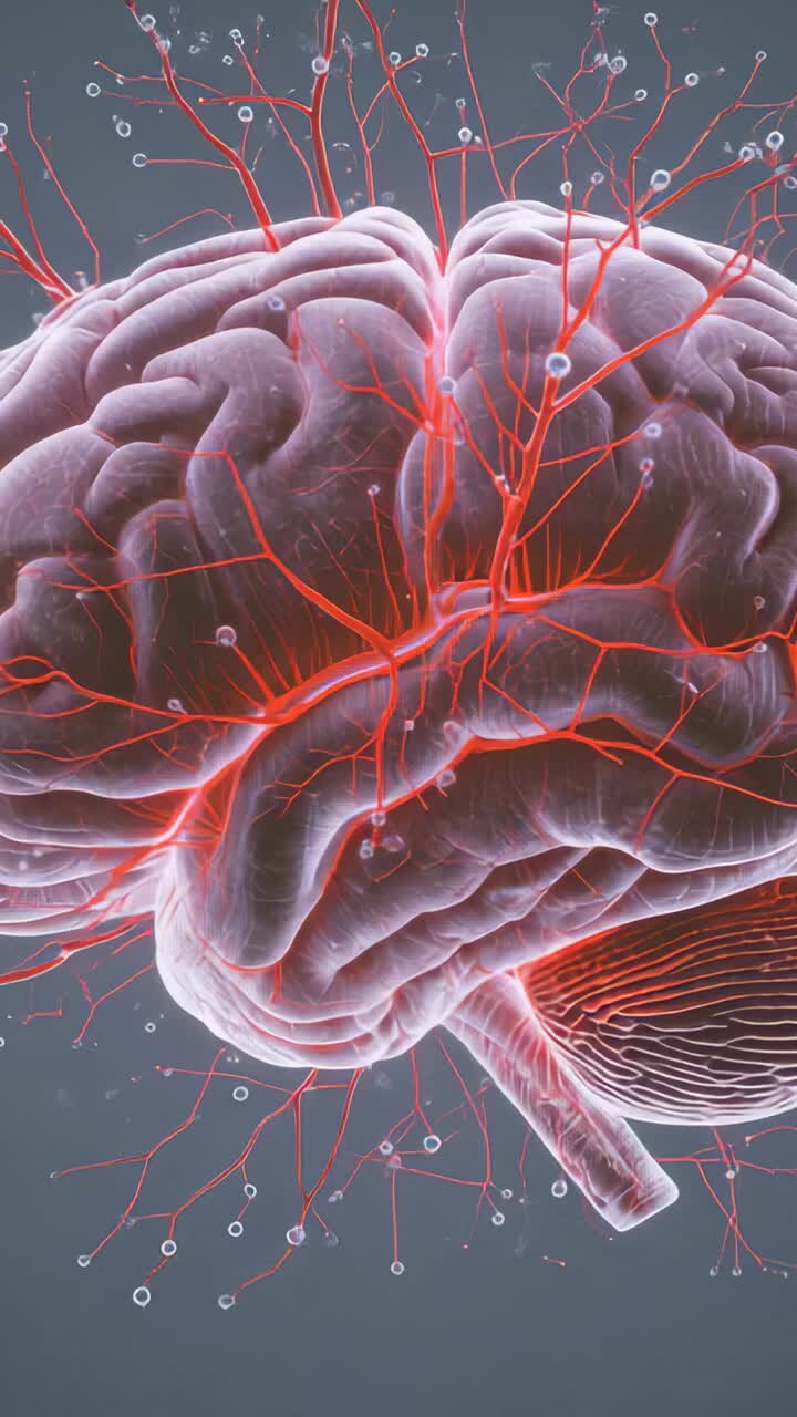 Vertical video: Camera shift rotating 3D brain red vessels markers drifting in studio showing flow