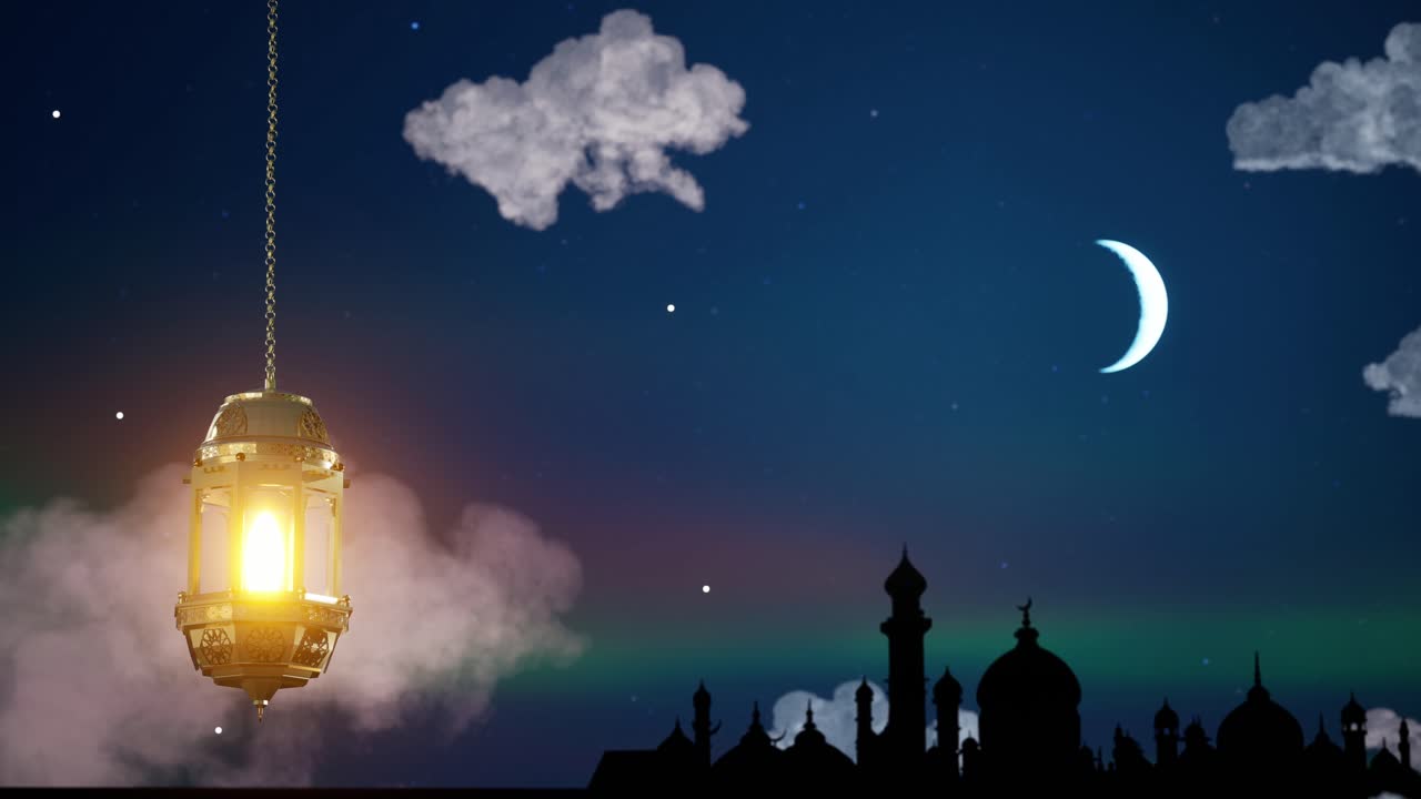 4k eid mubarak diseño islámico colgando linterna de vela de ramadán y mezquita, animación de fondo abstracta. eid muborak concepto de diseño islámico con ramadán. celebración religiosa de la fiesta musulmana asiática