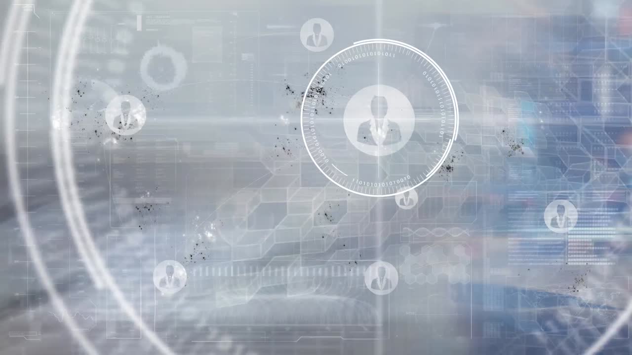 animación de escaneo de alcance y iconos de personas digitales sobre el paisaje urbano
