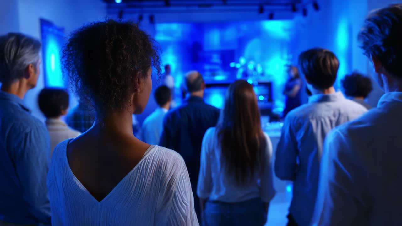 Atmospheric Gathering Captured in Two Frames: A Group of Attentive Individuals Engaged in a Blue-Hued Event, Highlighting Connection and Shared Experience in a Contemporary Setting