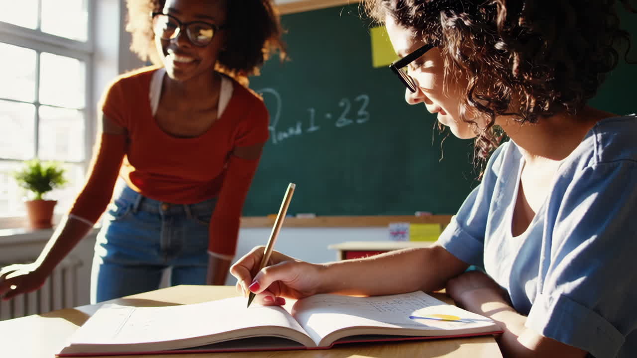 Students in a bright classroom, one writing in a notebook
