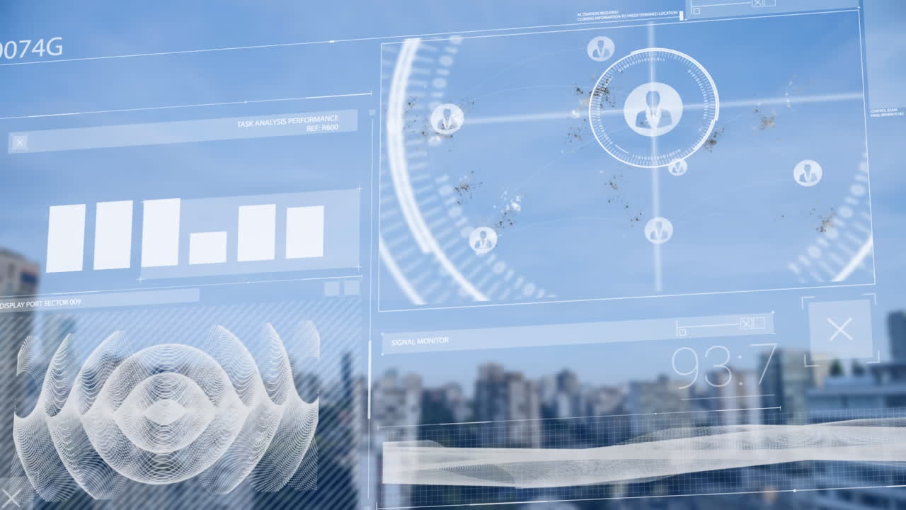 그래프, 음파, 프로필 아이콘, 지도, 하늘 아래 건물 위의 숫자의 애니메이션