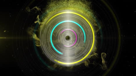 animation of colourful circles spinning over yellow shapes on black background