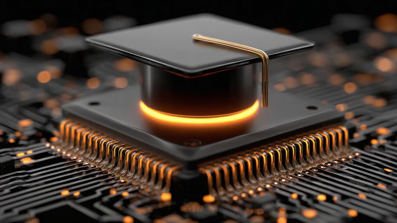 A striking visual representation of the fusion between technology and education, showcasing a graduation cap placed delicately upon a microprocessor, illuminated with golden accents on a circuit board