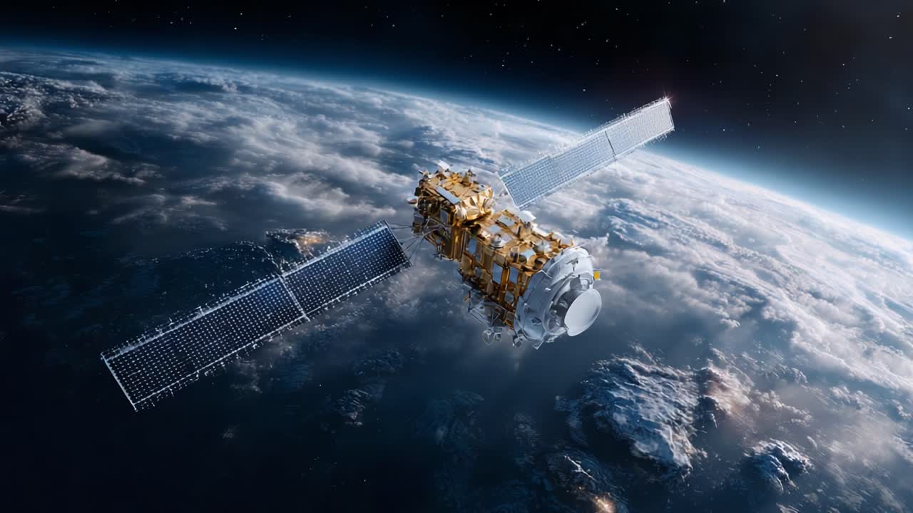 A Stunning View of a Satellite Orbiting Earth, Capturing the Beauty of Space with Solar Panels and the Planet Below, Illuminated by the Sun's Rays