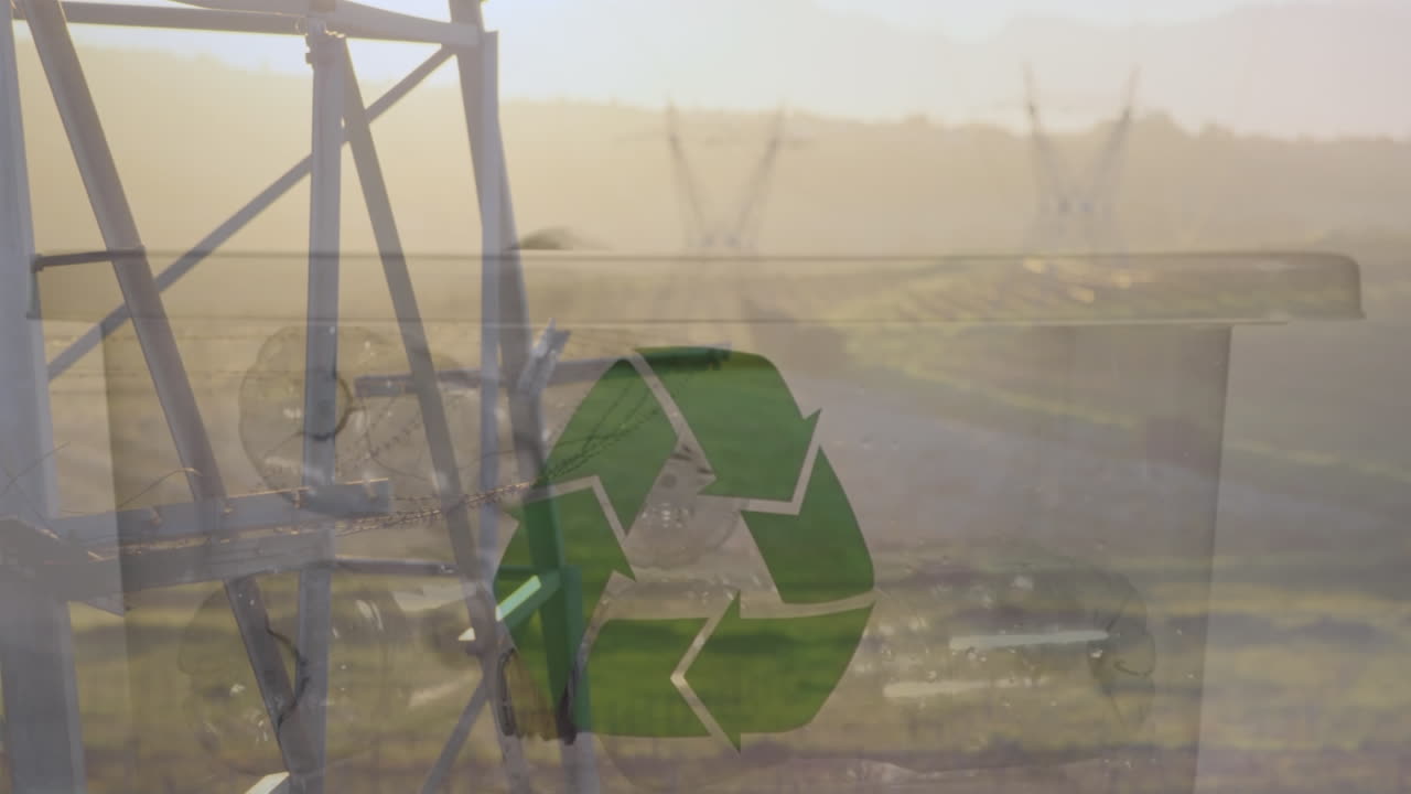 플라스틱 병 과 전기 기둥 을 가진 상자 위 에 있는 녹색 재활용 표지판 의 애니메이션