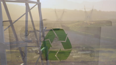animación de un cartel de reciclaje verde sobre una caja con botellas de plástico y pilones eléctricos