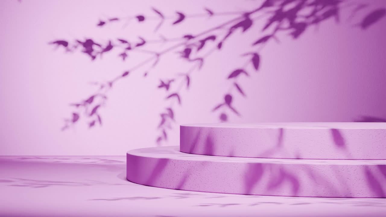 Minimal round concrete podium with shadow of leaves on pink wall. Natural sunlight overlay in studio setting. Botanical and product display mockup. Design for banner, poster,