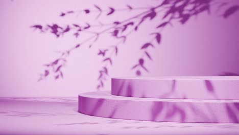 minimal round concrete podium with shadow of leaves on pink wall. natural sunlight overlay in studio setting. botanical and product display mockup. design for banner, poster,