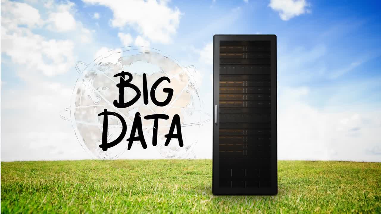 Data server and drawing of data server, cloud and globe against blue sky and grass