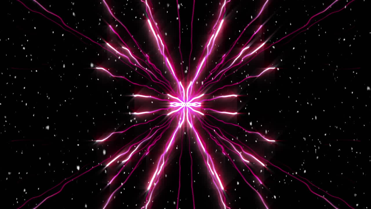 Digital animation of snow falling over pink light trails against black background